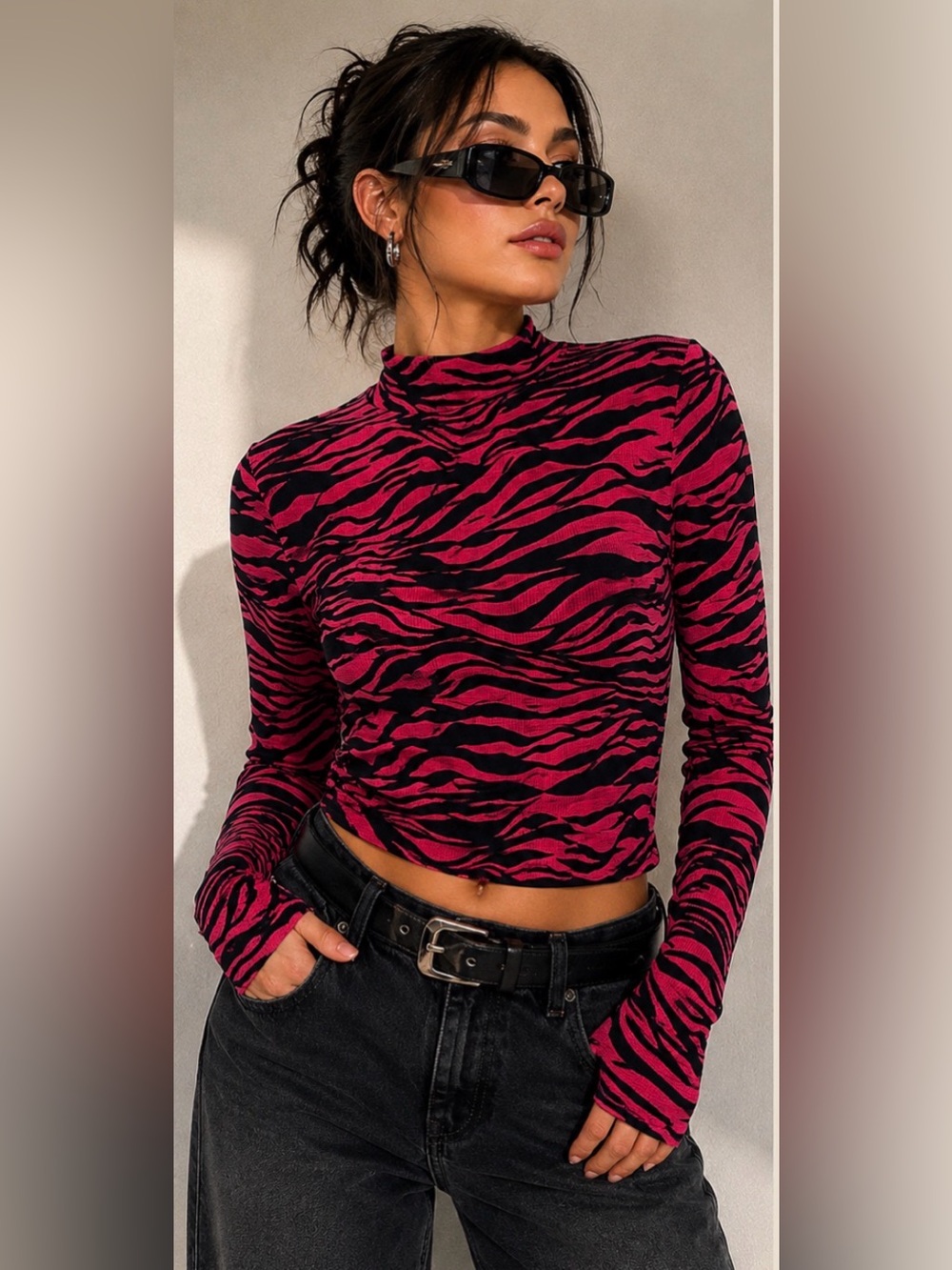 Y2K Pink Zebra Print Mock Neck Long Sleeve Top